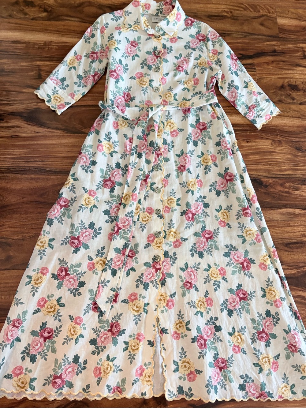 Evi Grintela Women’s Floral Rose Linen Shirt Dress Size Small S Scalloped Hem